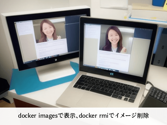 docker imagesで表示、docker rmiでイメージ削除